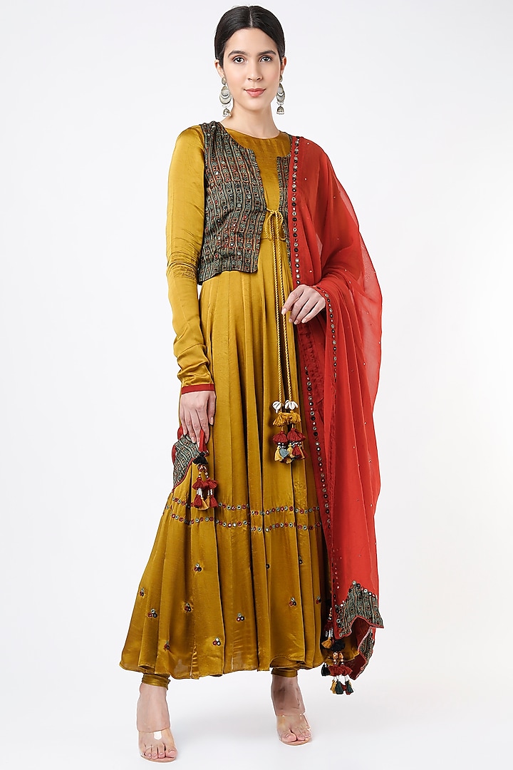 Mustard Embroidered Anarkali Set With Waiscoat by Zariya The Label