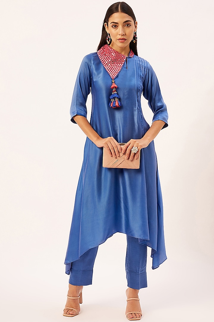 Cobalt Blue Modal Satin Embroidered Asymmetrical Kurta Set by Zariya The Label at Pernia's Pop Up Shop