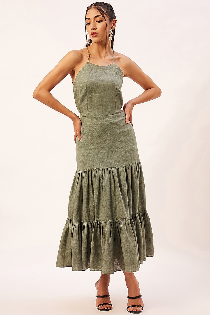 Green Handwoven Cotton Tiered Dress by Zariya The Label