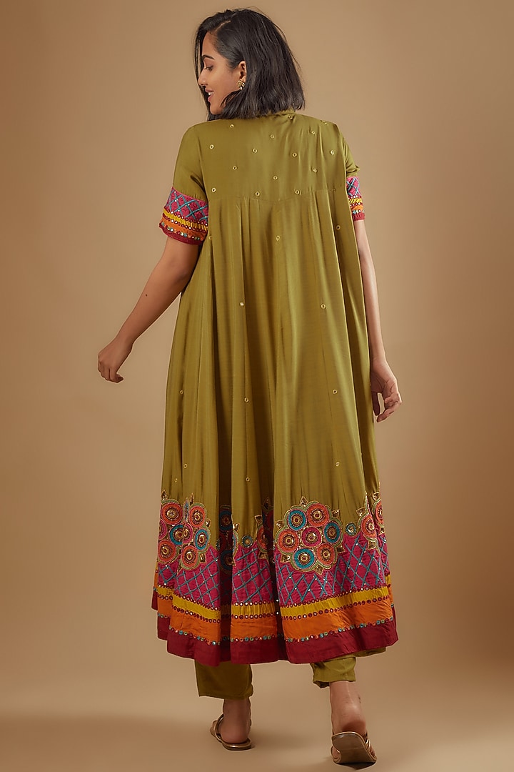 Acid Green Bemberg Silk Patchwork Kalidar Wedding Anarkali Set by Zariya The Label at Pernia's Pop Up Shop