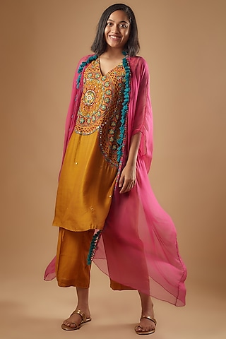 Kesari Mustard Bemberg Silk Mandala Embroidered Kurta Set by Zariya The Label