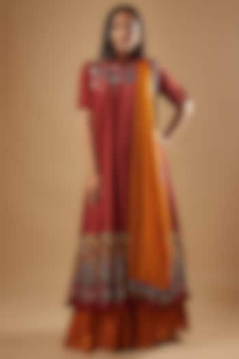 Red Bemberg Silk Thread & Mirror Embroidered Kalidar Anarkali Set by Zariya The Label