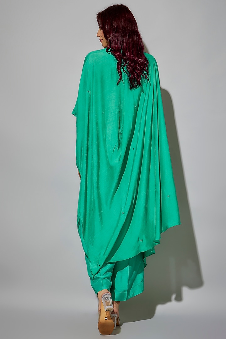 Pacific Blue Bemberg Silk Hand Embroidered Asymmetrical Cowl Cape Set by Zariya The Label at Pernia's Pop Up Shop