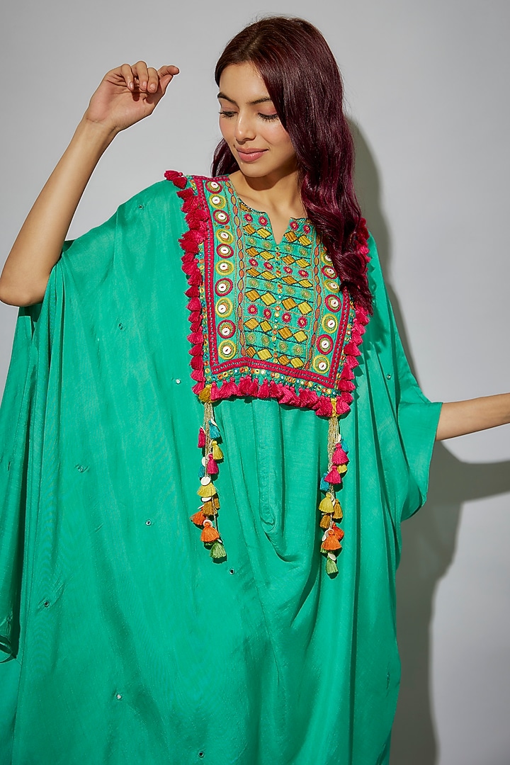Pacific Blue Bemberg Silk Hand Embroidered Asymmetrical Cowl Cape Set by Zariya The Label at Pernia's Pop Up Shop