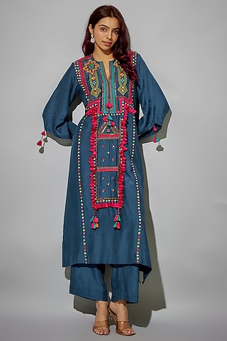 Dark Sapphire Blue Bemberg Silk Thread Embroidered Kurta Set by Zariya The Label