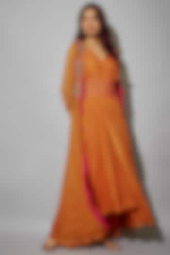 Orange Bemberg Silk Draped Maxi Dress With A-Line Cape by Zariya The Label