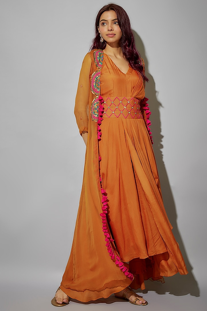 Orange Bemberg Silk Draped Maxi Dress With A-Line Cape by Zariya The Label
