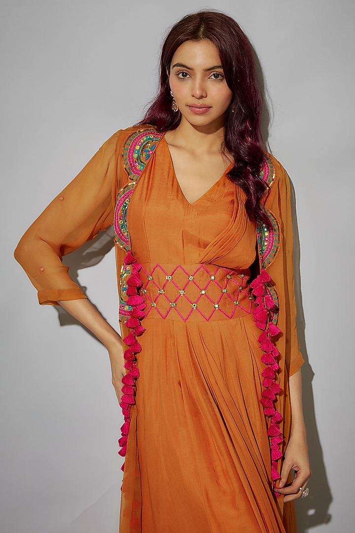 Orange Bemberg Silk Draped Maxi Cocktail Dress With A-Line Cape by Zariya The Label at Pernia's Pop Up Shop