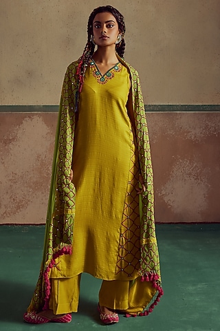 Yellow Bemberg Silk Mandala Embroidered A-Line Kurta Set by Zariya The Label