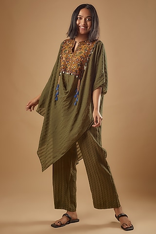 Moss Green Self Cotton Silk Boho Patchwork Cowl Kurta Set by Zariya The Label