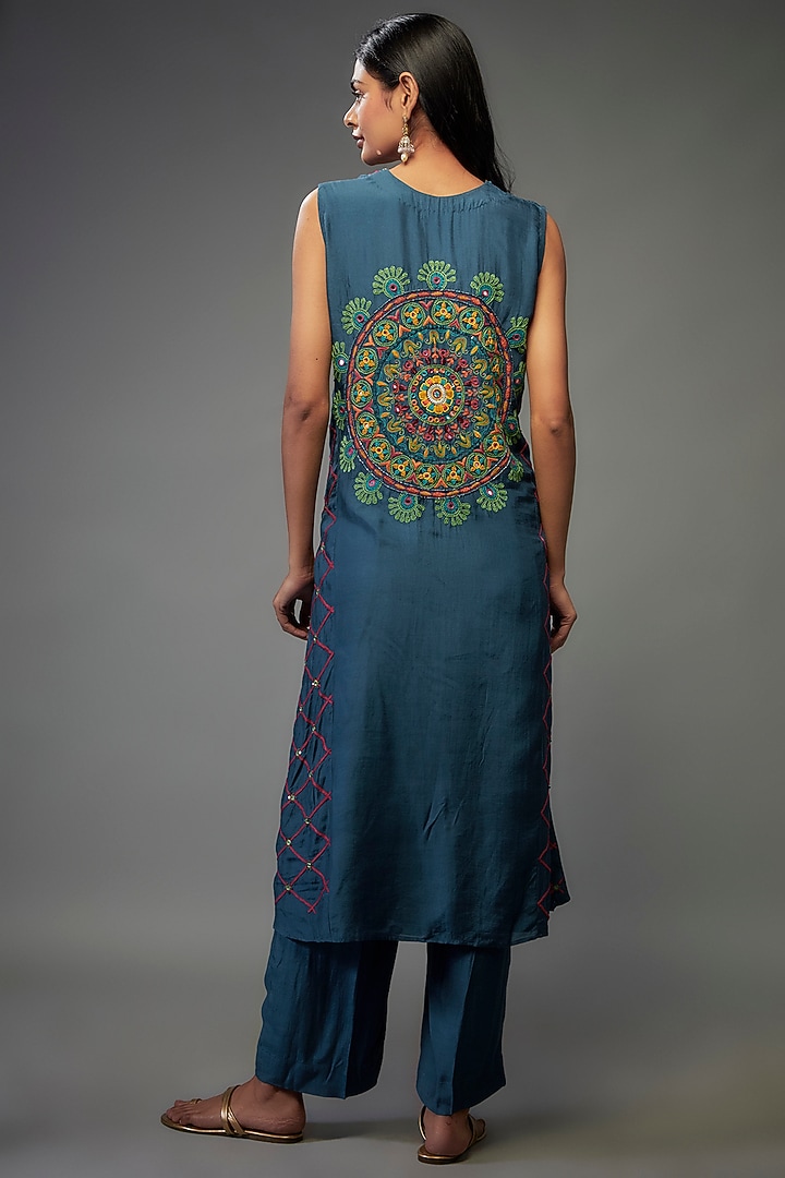 Dark Sapphire Blue Bemberg Silk Mandala Embroidered Kurta Set by Zariya The Label at Pernia's Pop Up Shop