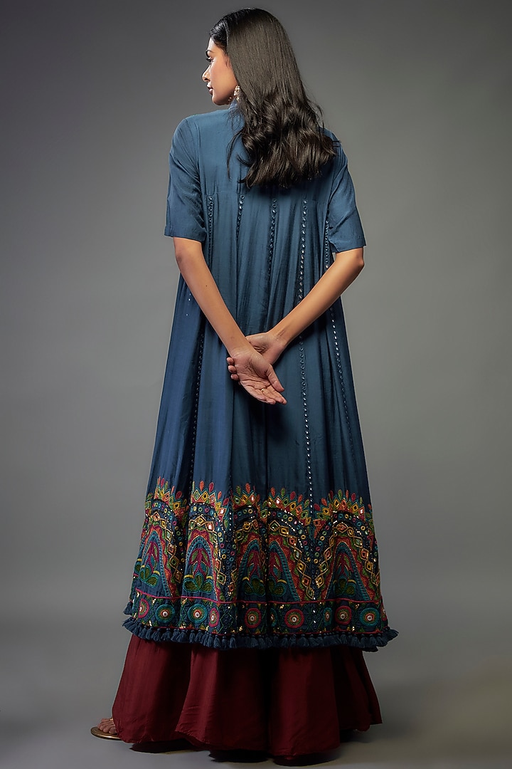 Dark Sapphire Blue Bemberg Silk Thread Embroidered Bridal Anarkali Set by Zariya The Label at Pernia's Pop Up Shop