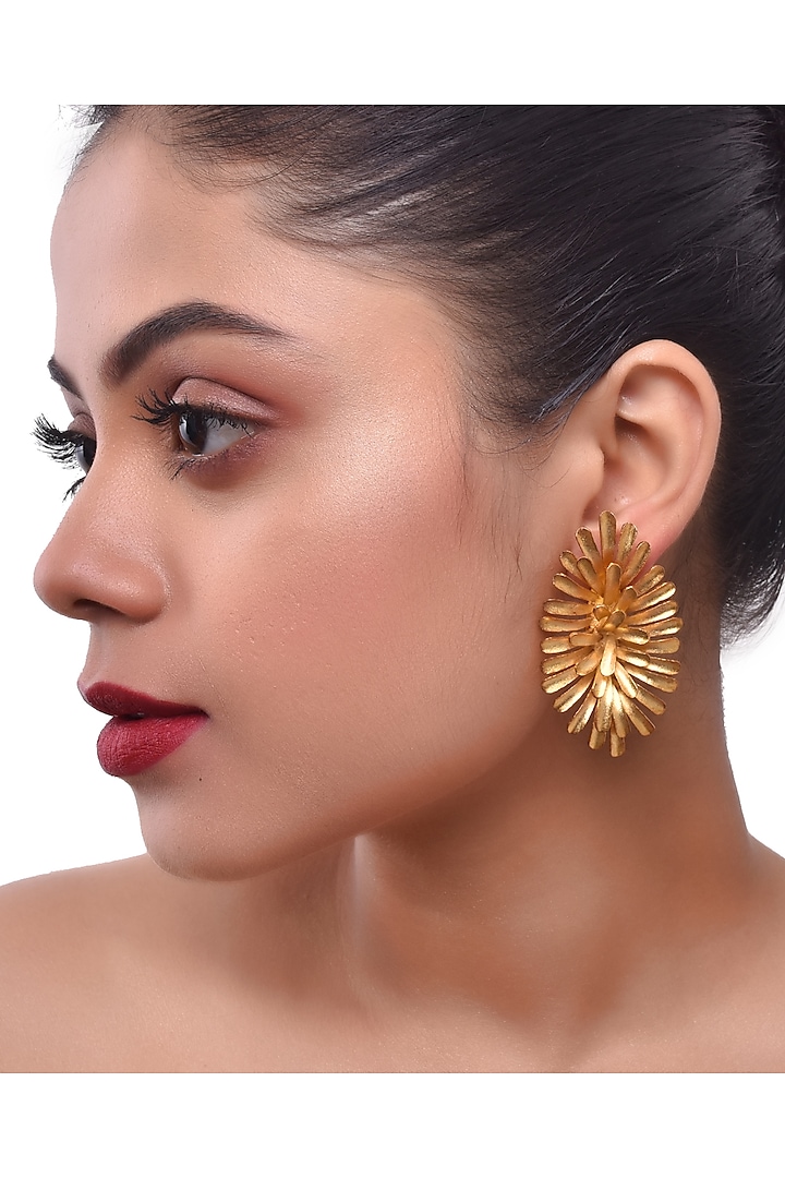 Gold Finish Floral Stud Earrings by ZAZA BY SOMYA