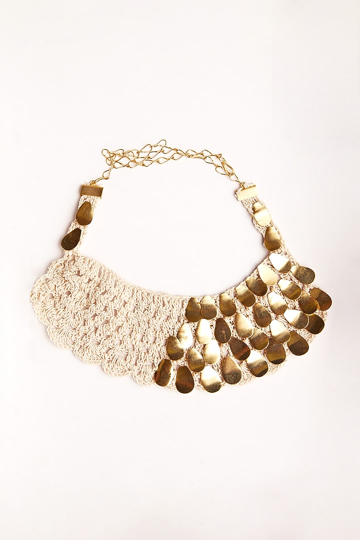 Gold Finish Metal Leave Macrame Necklace by ZAZA BY SOMYA at Pernia's Pop Up Shop