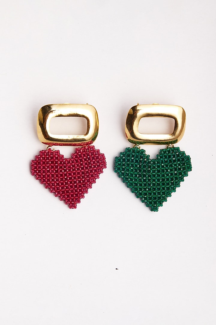 Gold Finish Red & Green Crystal Heart Stud Earrings by ZAZA BY SOMYA at Pernia's Pop Up Shop