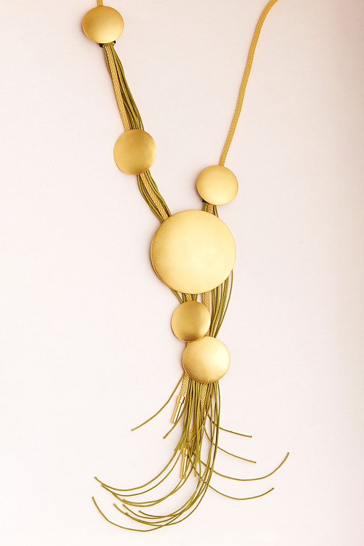 Gold Finish Olive Green Cotton Thread Long Boho Necklace by ZAZA BY SOMYA