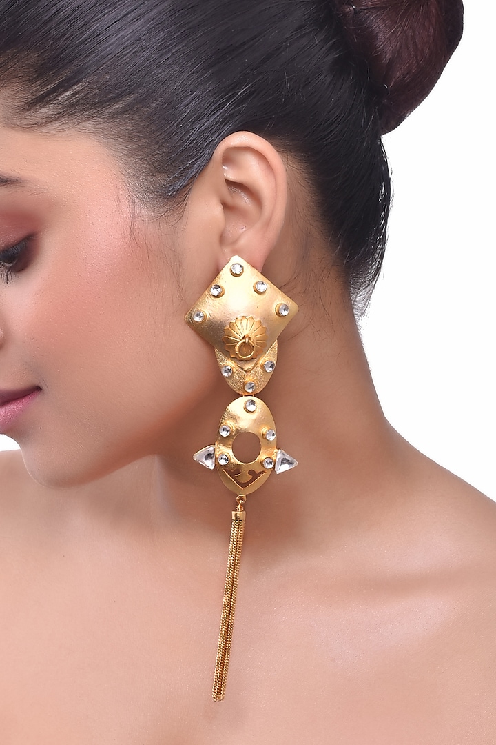 Gold Finish Kundan Polki Dangler Earrings by ZAZA BY SOMYA