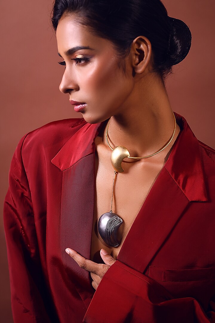 Two-Tone Finish Round Pendant Long Necklace by ZAZA BY SOMYA at Pernia's Pop Up Shop