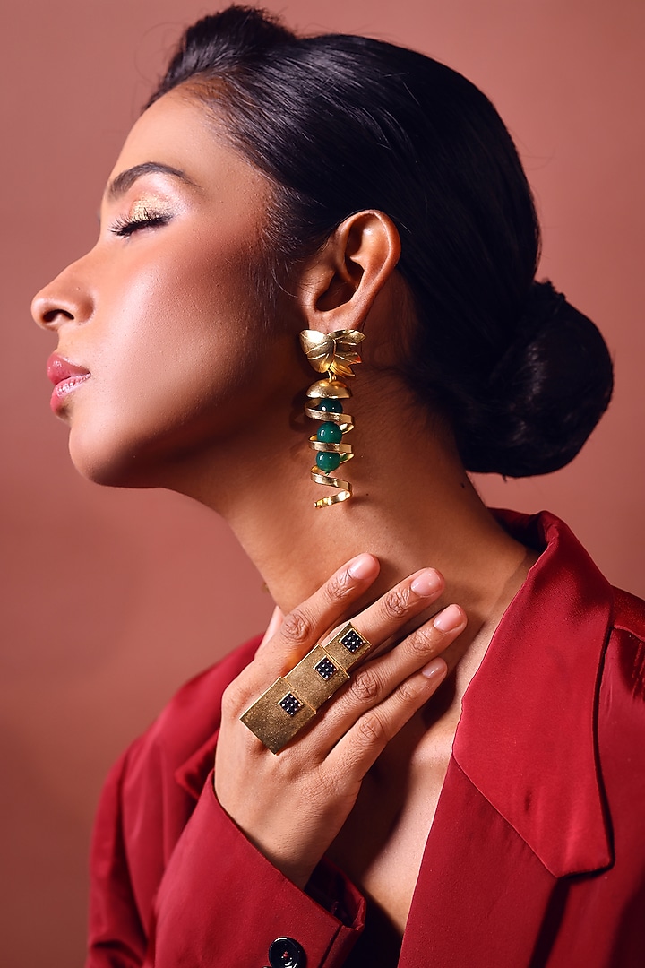 Gold Finish Emerald Stone Dangler Earrings by ZAZA BY SOMYA at Pernia's Pop Up Shop