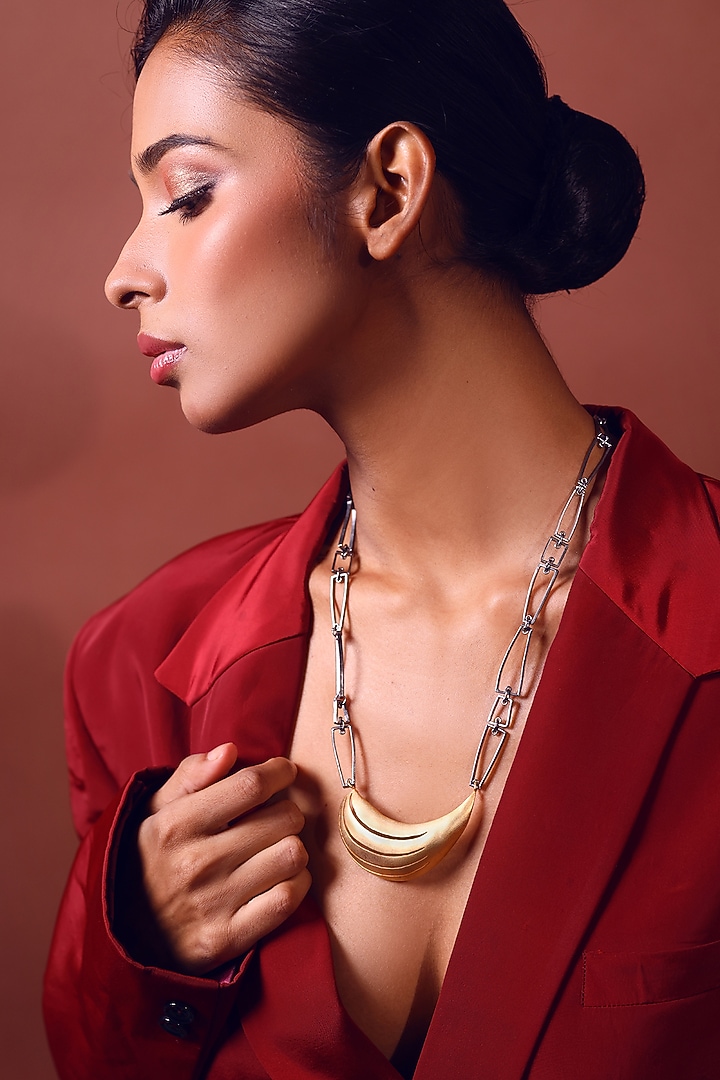 Two-Tone Finish Curved Bar Pendant Necklace by ZAZA BY SOMYA at Pernia's Pop Up Shop