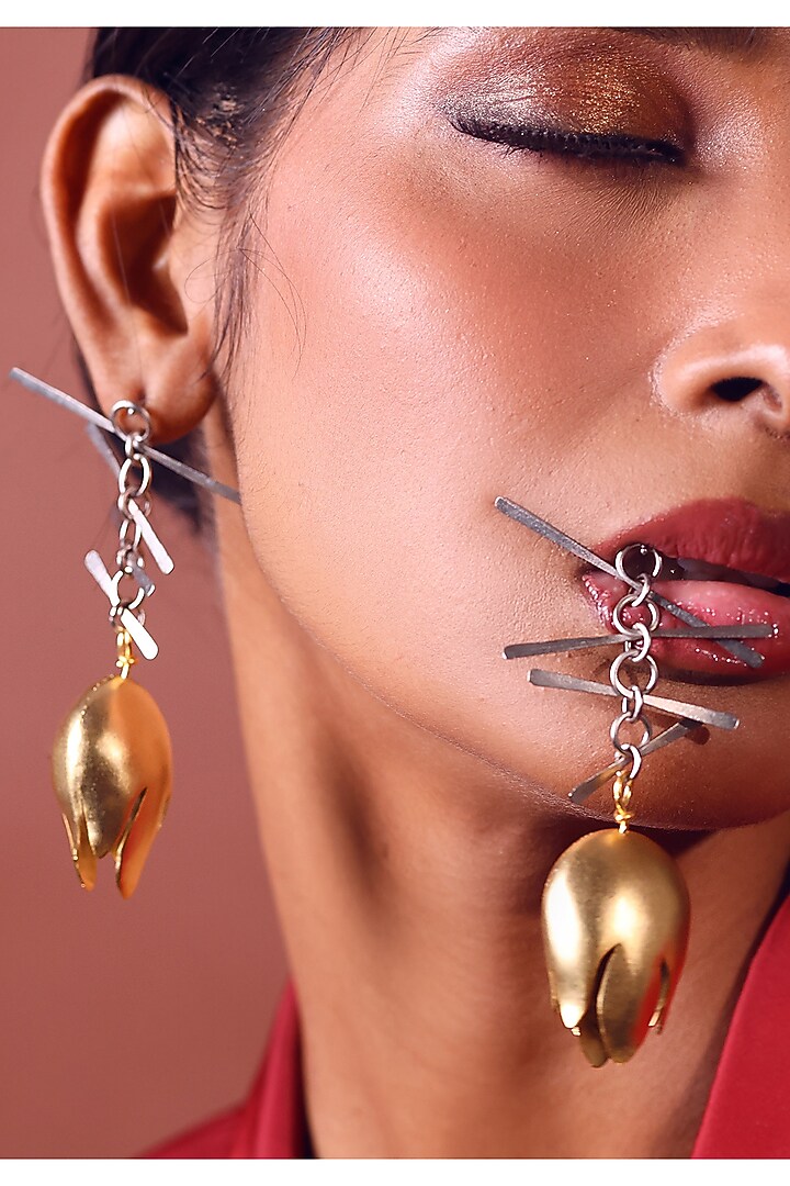 Two-Tone Finish Lotus Dangler Earrings by ZAZA BY SOMYA at Pernia's Pop Up Shop