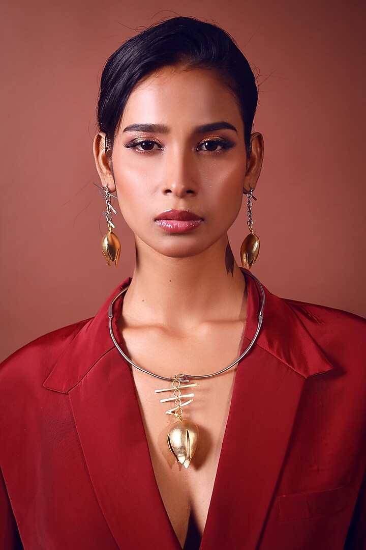 Two-Tone Finish Lotus Necklace by ZAZA BY SOMYA at Pernia's Pop Up Shop