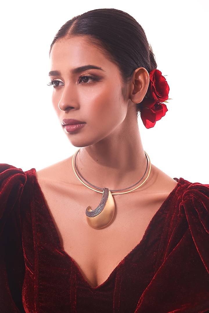 Two-Tone Finish Crescent Moon Necklace by ZAZA BY SOMYA at Pernia's Pop Up Shop