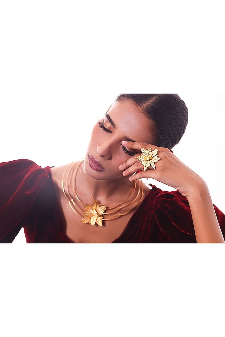 Gold Finish Maple Leaf Ring by ZAZA BY SOMYA at Pernia's Pop Up Shop