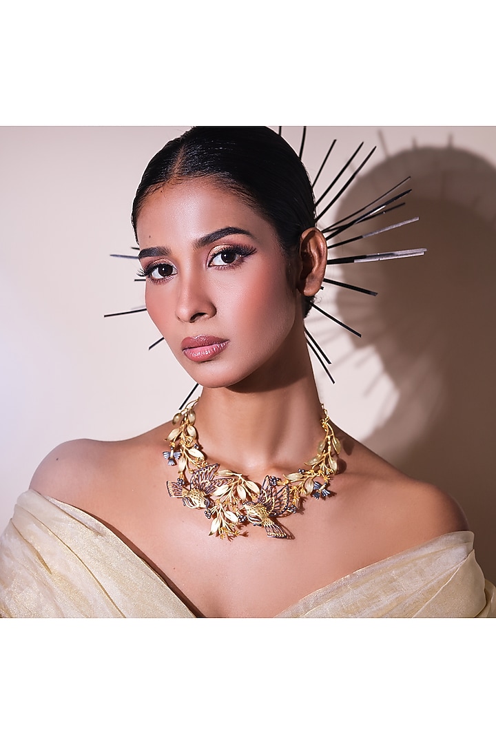 Two-Tone Finish Embellished Leaf-Shaped Necklace by ZAZA BY SOMYA at Pernia's Pop Up Shop