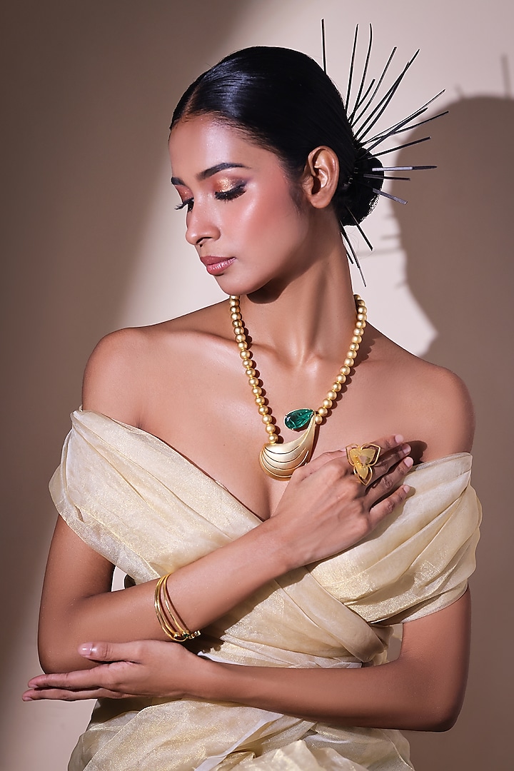 Gold Finish Emerald Green Stone Tear-Drop Pendant Necklace by ZAZA BY SOMYA at Pernia's Pop Up Shop