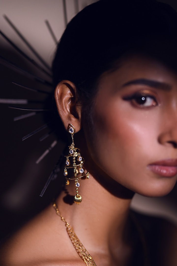Gold Finish Kundan Polki Jhumka Earrings by ZAZA BY SOMYA at Pernia's Pop Up Shop
