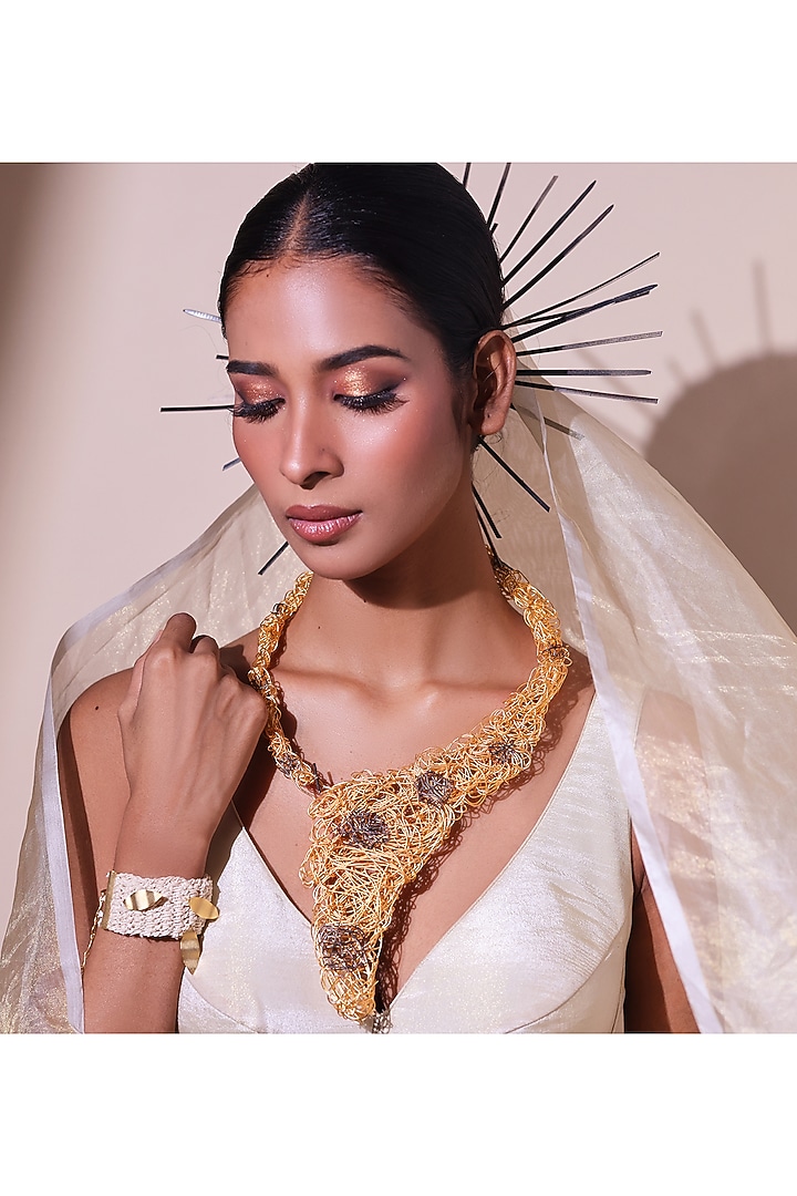 Two-Tone Finish Woven Wire Mesh Long Necklace by ZAZA BY SOMYA at Pernia's Pop Up Shop