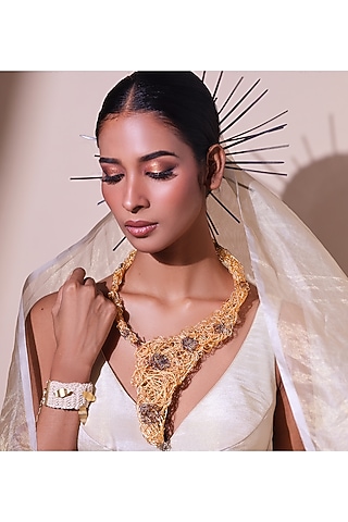 Two-Tone Finish Woven Wire Mesh Long Necklace by ZAZA BY SOMYA