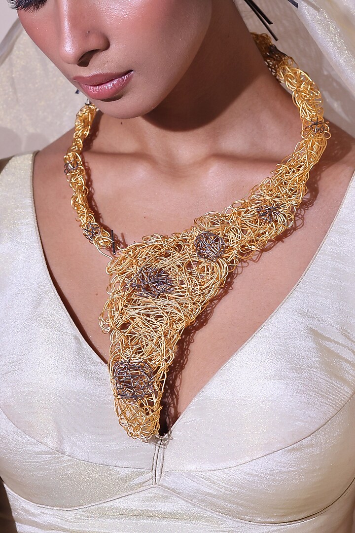 Two-Tone Finish Woven Wire Mesh Long Necklace by ZAZA BY SOMYA at Pernia's Pop Up Shop