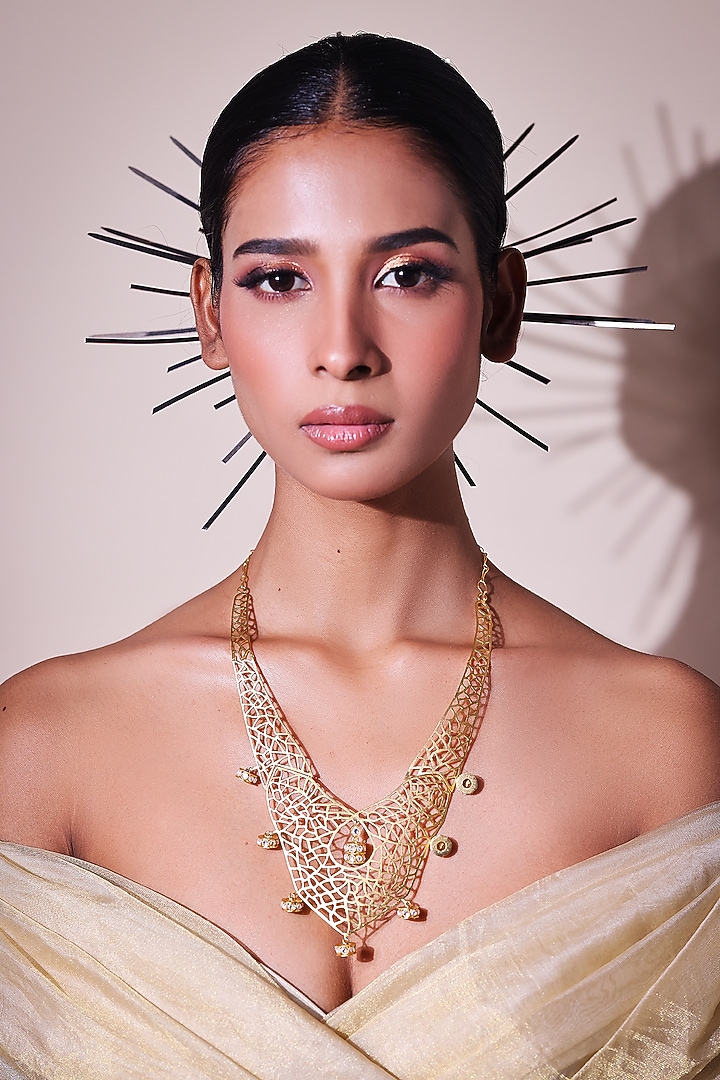 Gold Finish Zircon & Kundan Hanging Jali Necklace by ZAZA BY SOMYA at Pernia's Pop Up Shop