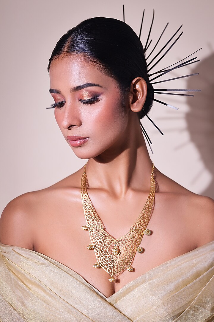 Gold Finish Zircon & Kundan Hanging Jali Necklace by ZAZA BY SOMYA at Pernia's Pop Up Shop