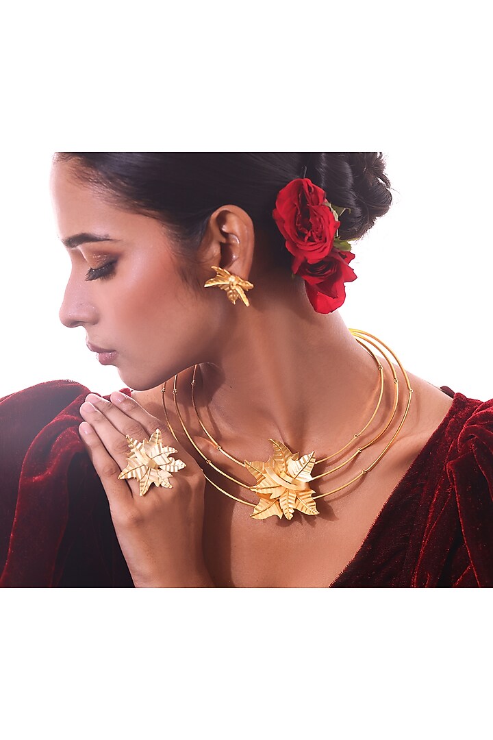 Gold Finish Leaf Motif Multi-Strand Necklace by ZAZA BY SOMYA at Pernia's Pop Up Shop