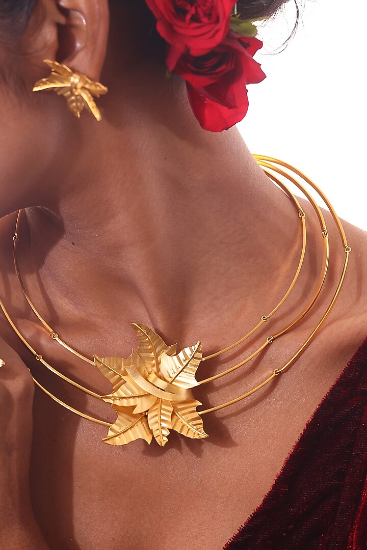 Gold Finish Leaf Motif Multi-Strand Necklace by ZAZA BY SOMYA at Pernia's Pop Up Shop