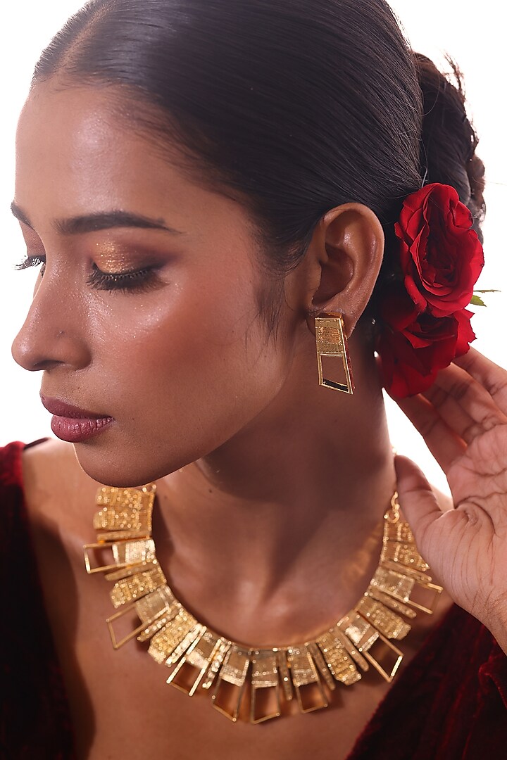 Gold Finish Skyward Stud Earrings by ZAZA BY SOMYA at Pernia's Pop Up Shop