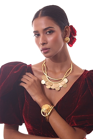Gold Finish Round Ornate Bracelet by ZAZA BY SOMYA
