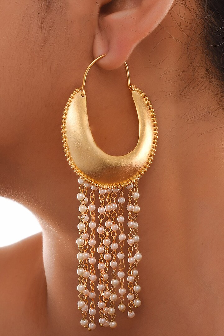 Gold Finish Pearl Dangler Earrings by ZAZA BY SOMYA