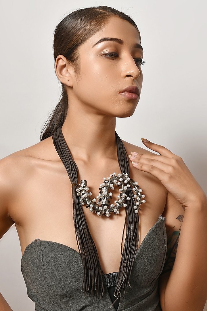 Black Rhodium Finish Pearl Necklace by ZAZA BY SOMYA at Pernia's Pop Up Shop