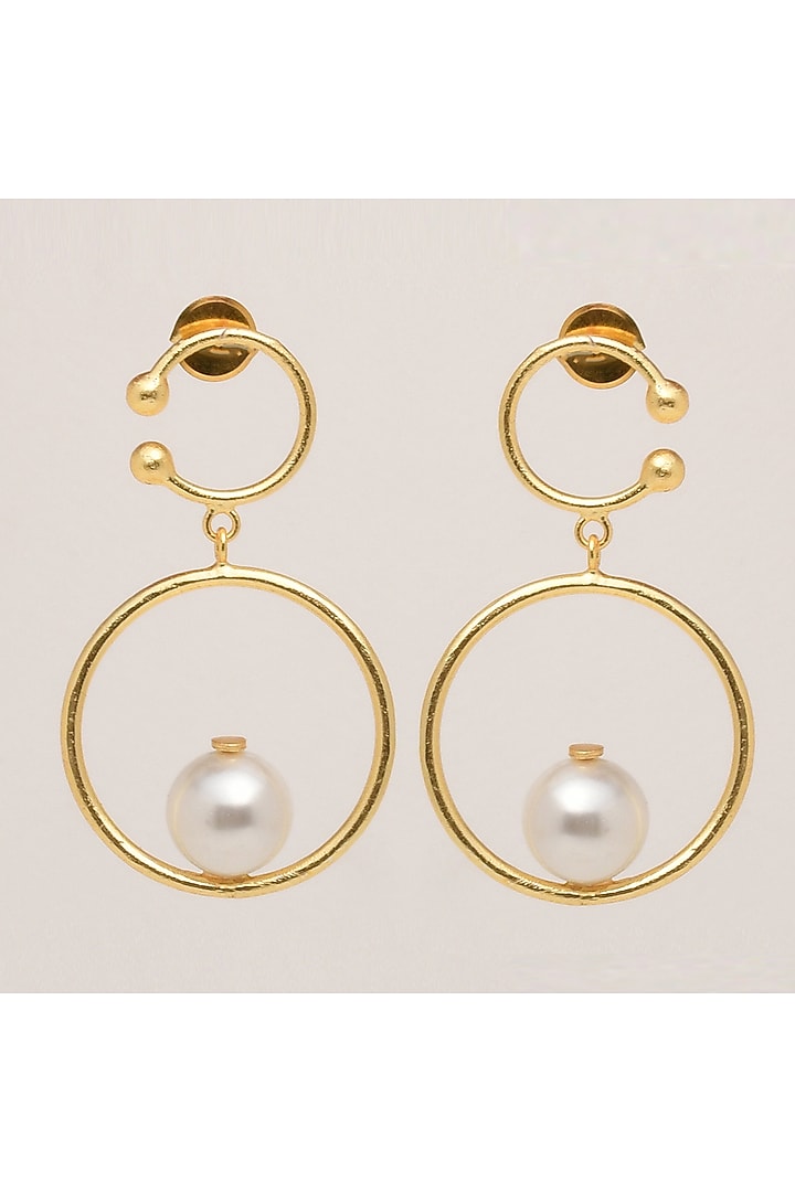 Gold Finish Swarovski Pearl Long Earrings by ZAZA BY SOMYA at Pernia's Pop Up Shop
