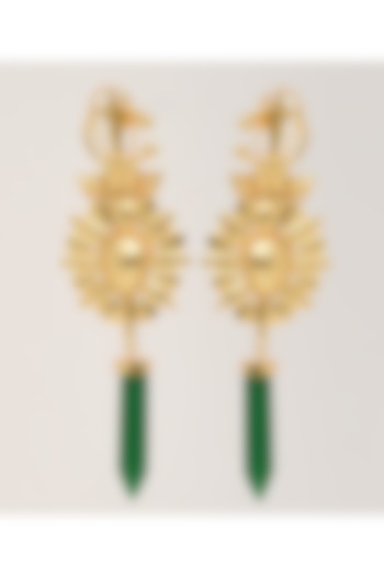 Gold Finish Synthetic Emerald Dangler Earrings by ZAZA BY SOMYA at Pernia's Pop Up Shop
