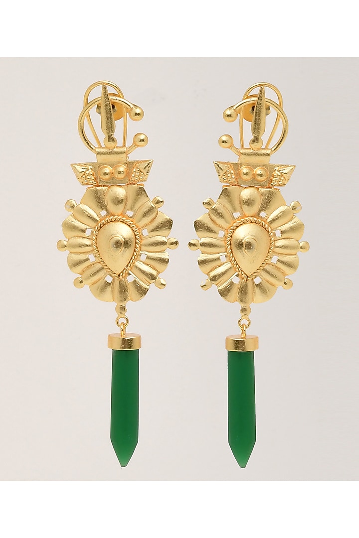 Gold Finish Synthetic Emerald Dangler Earrings by ZAZA BY SOMYA at Pernia's Pop Up Shop