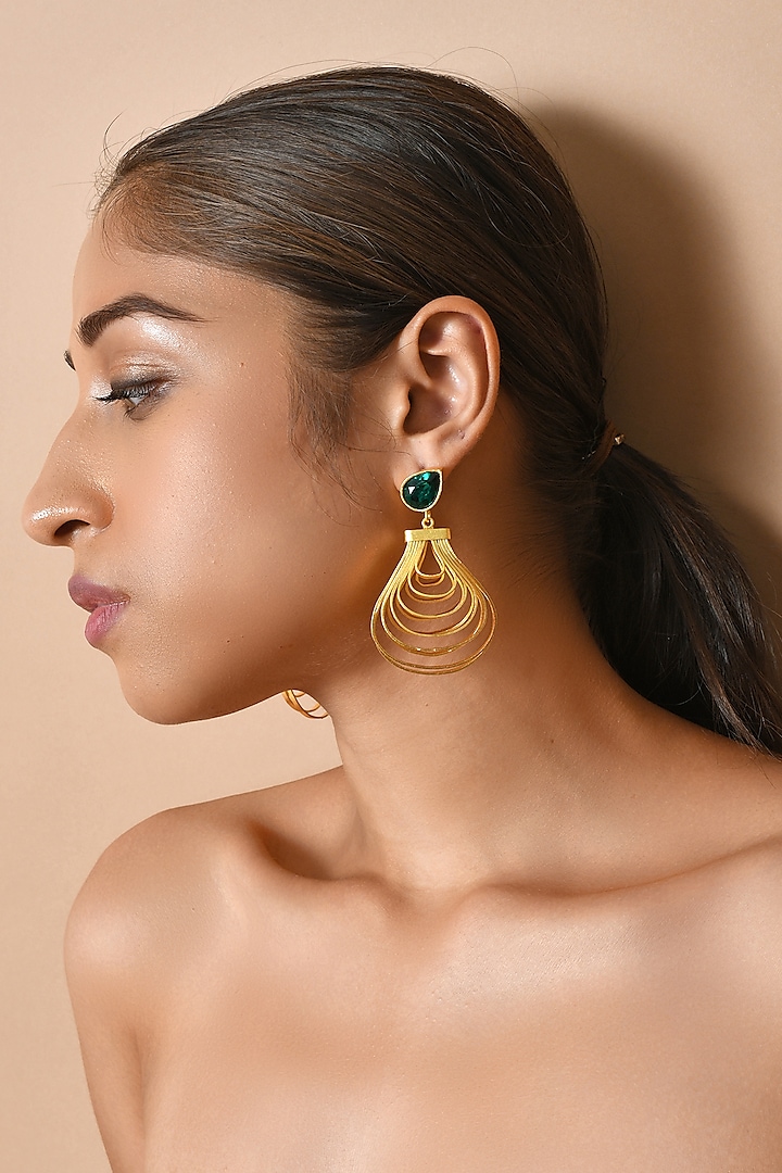 Gold Finish Synthetic Emerald Dangler Earrings by ZAZA BY SOMYA at Pernia's Pop Up Shop