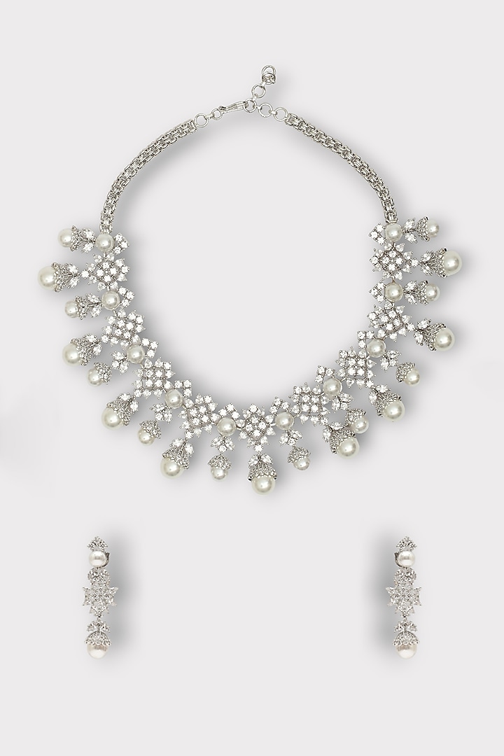 White Finish Pearl & Zircon Necklace Set by ZAZA BY SOMYA at Pernia's Pop Up Shop