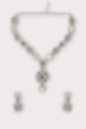 White Finish Kundan Polki & Navratna Stone Enameled Long Necklace Set by ZAZA BY SOMYA at Pernia's Pop Up Shop