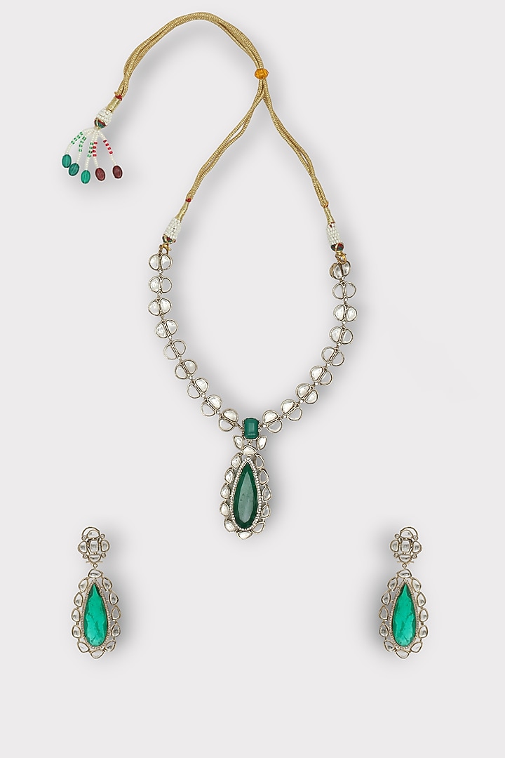 White Finish Kundan Polki & Green Stone Long Necklace Set by ZAZA BY SOMYA at Pernia's Pop Up Shop