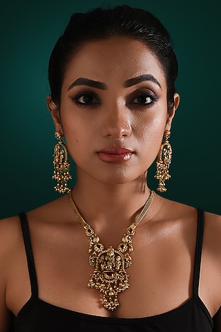 Gold Finish Multi-Colored Stone Temple Pendant Necklace Set by ZAZA BY SOMYA